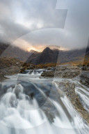 The Black Cuillin mountains in Glen Brittle from the Fairy Pools, Isle of Skye, Inner Hebrides, Scotland, United Kingdom, Europe