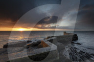 The Blocks (aka ZigZag) breakwater at sunrise at the harbour of St. Monans in Fife, East Neuk, Scotland, United Kingdom, Europe