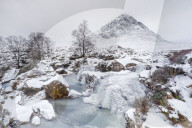 A frozen River Coupall and Buachaille Etive Mor in winter, Glen Etive, Highlands, Scotland, United Kingdom, Europe