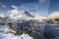 A wintery scene at Buachaille Etive Mor and River Coupall, Glencoe, Highlands, Scotland, United Kingdom, Europe
