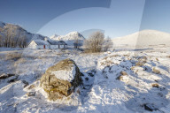 A wintery scene at Black Rock cottage and Buachaille Etive Mor on Rannoch Moor, Highlands, Scotland, United Kingdom, Europe.