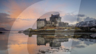 Dawn at Eilean Donan Castle (Eilean Donnan) on Loch Duich, Dornie, Kyle of Lochalsh, Scottish Highlands, United Kingdom, Europe.