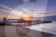 The pier at Hastings at sunrise, East Sussex, England, United Kingdom, Europe