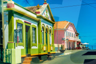 Colorful buildings in the little town called Sao Mateus village around Terceira Island, Azores, Portugal