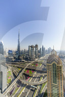 Dubai skyline and Sheikh Zayed Road Interchange, Dubai, United Arab Emirates