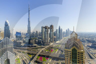 Dubai skyline and Sheikh Zayed Road Interchange, Dubai, United Arab Emirates