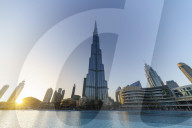Burj Khalifa and Lake at sunset, Dubai, United Arab Emirates