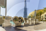 Burj Khalifa and I love Dubai sign by the Lake, Downtown, Dubai, United Arab Emirates