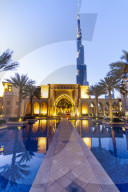 Burj Khalifa and Palace Hotel at dusk, Downtown, Dubai, United Arab Emirates