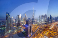 Dubai skyline with Burj Khalifa and Sheikh Zayed Road Interchange, Dubai, United Arab Emirates