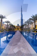 Burj Khalifa and Palace Hotel at dusk, Downtown, Dubai, United Arab Emirates