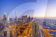 Dubai skyline with Burj Khalifa and Sheikh Zayed Road Interchange, Dubai, United Arab Emirates