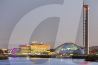 BBC Scotland , Science Museum and Glasgow tower, Pacific Quay at dusk, Glasgow, Scotland, UK