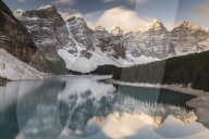 Mountains reflected in Moraine Lake, Banff National Park, Alberta, Canada