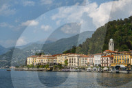 Bellagio waterfront with traditional buildings and terraces, Lake Como, Italy