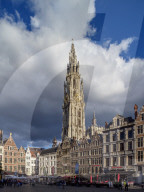 Houses on Grote Markt and Cathedral Tower, Antwerp, Belgium