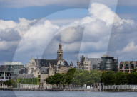View over River Scheldt towards Het Steen Castle and Sint-Pauluskerk, Antwerp, Belgium