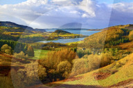 A scenic autumn view of a coastal landscape in the Scottish Highlands, looking towards Loch Melfort.