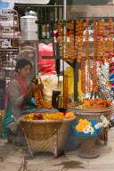 Flower garland seller on the streets of Kathmandu, Nepal