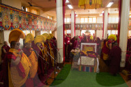 Tibetan Buddhist monks at Losar (Tibetan New Year) in the Dalai Lama Temple, McLeod Ganj, Dharamsala, India