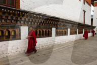 Monks and prayer wheels, Tashi Chho Dzong Fortress, Thimpu , Bhutan