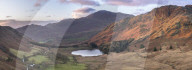 Stitched panoramic image showing sunrise at Blea Tarn in autumn, Lake District, Cumbria, UK