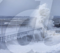 Stormy seas as spring tides coincide with the so called 'Beast from the east' at Amble, Northumberland