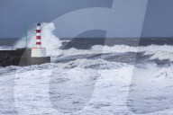 Stormy seas as spring tides coincide with the so called 'Beast from the east' at Amble, Northumberland