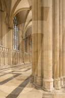 Stone pillars and ornate mosaic floor inside York Minster, York, North Yorkshire