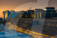 Centre municipal de vela at sunrise, Port Olimpic, Barcelona, Catalonia, Spain.
