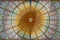 Stained glass skylight in Palace of Catalan Music (Palau de la Musica Catalana), Barcelona, Catalonia, Spain.