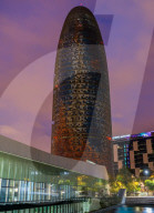 Disseny Hub Barcelona and skyscraper Torre Agbar at sunset, architect Jean Nouvel, Barcelona, Catalonia, Spain.