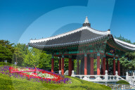 Citizen's Bell Pavilion with Flower clock, Yongdusan Park, Busan, South Korea, Asia.