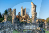 Ruins of the Abbey of Bury St Edmunds, historic Benedictine monastery, with St Edmundsbury Cathedral. Suffolk, England, UK.