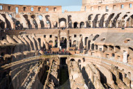 The Colosseum or Coliseum, also known as the Flavian Amphitheatre, with the below ground level hypogeum, Rome. Lazio. Italy.
