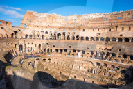 The Colosseum or Coliseum, also known as the Flavian Amphitheatre, with the below ground level hypogeum, Rome. Lazio. Italy.