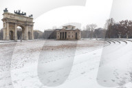 Sempione Square coverred by snow. Milan, Lombardy, Northern Italy, Italy.