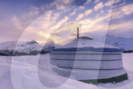 Winter sunset at Mongolian tent at Alp Flix, Sur, Surses, Parc Ela, Region of Albula, Canton of GraubÃ¼nden, Switzerland, Europe.