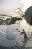 Traditional Chinese fishing nets at sunrise, Fort Kochi (Cochin), Kerala, India