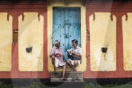 Indian street scene outside a temple, Fort Kochi (Cochin), Kerala, India