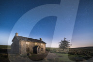 Nuns Cross Farm under stars, Dartmoor National Park, Devon, England, United Kingdom