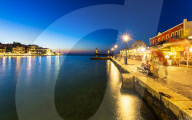 Lighthouse at Venetian port at night, Chania, Crete, Greek Islands, Greece, Europe