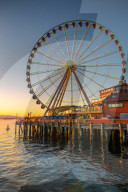 SeattleÂ°s Great Wheel on Pier 57 at golden hour, Seattle, Washington State, United States of America, North America