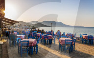 Restaurant at Paraliaki promenaad at sunset in Kissamos, Crete, Greek Islands, Greece, Europe