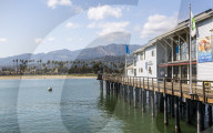 View of Santa Barbara beach, Malibu Mountains from Santa Barbara pier, California, United States of America, North America