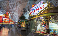 Neon lights on the Fremont Street Experience at dusk, Downtown, Las Vegas, Nevada, USA, North America