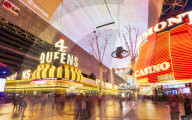 Neon lights on the Fremont Street Experience at dusk, Downtown, Las Vegas, Nevada, USA, North America