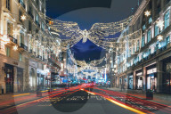 Festive Christmas lights in Regent Street at night in 2017, London, England, United Kingdom, Europe