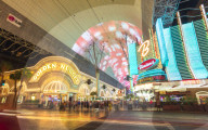 Neon lights on the Fremont Street Experience at dusk, Downtown, Las Vegas, Nevada, USA, North America