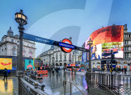 Entrance to tube station, advertisement, Piccadilly Circus, London, England, United Kingdom, Europe
